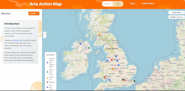 Animated Arts Action Map showing connections between art forms, communities, and social issues.